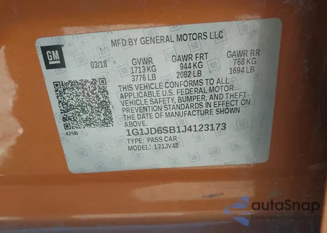 2018 Chevrolet Sonic Lt Auto z USA, uszkodzony, nr VIN 1G1JD6SB1J4123173